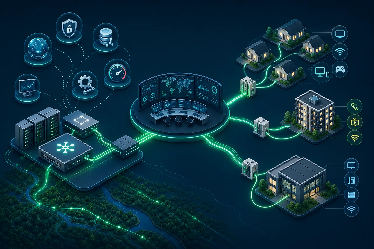 Diagrama de una red FTTx que conecta el núcleo del ISP con hogares y empresas